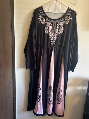 SHEIN Black and Light Pink Long-Sleeve Asymmetrical Embroidered Panel Dress